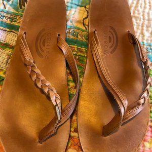rainbow leather tan flip flops never worn
